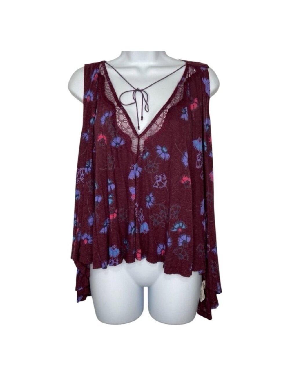 Free People Love Potion Floral Lace Trim Tank Top Burgundy Open Back Womens M